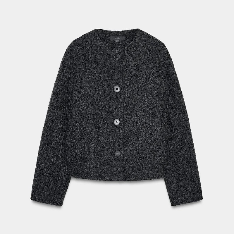 New Zara Short Coat With Boucl’e Scarf In Gray - Medium